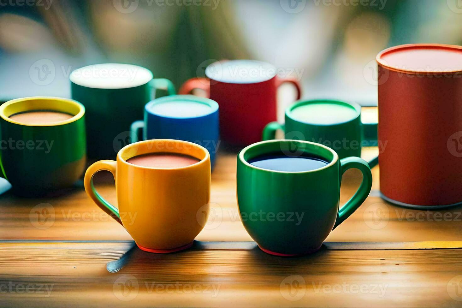 colorful coffee cups on a wooden table. AI-Generated photo