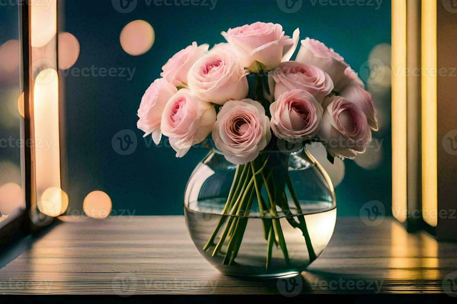 pink roses in a vase on a window sill. AI-Generated photo