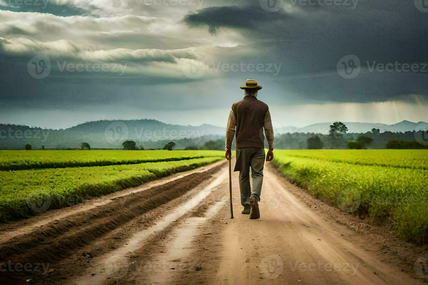 a man walking down a dirt road in the middle of a green field. AI-Generated photo