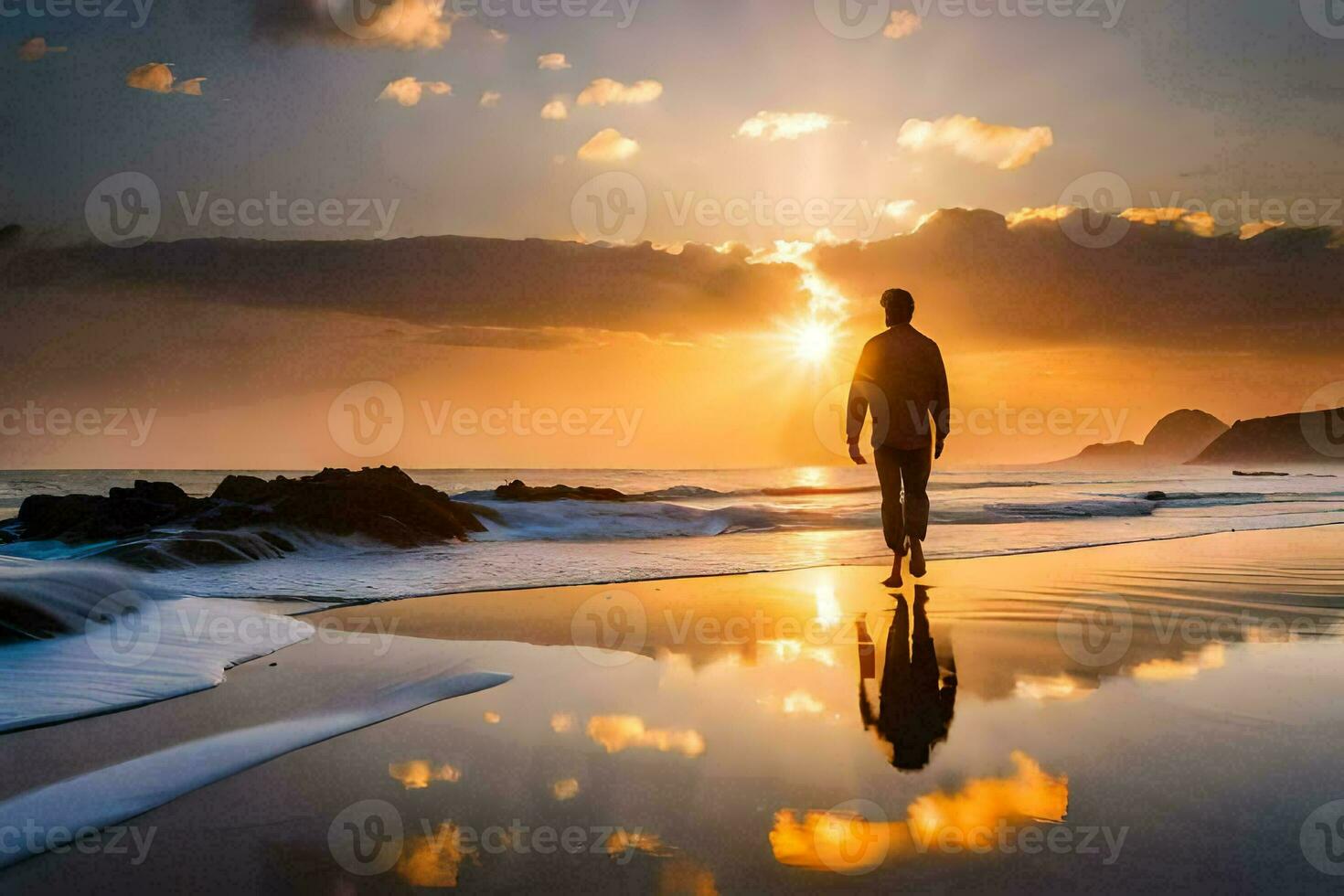 a man walking on the beach at sunset. AI-Generated photo