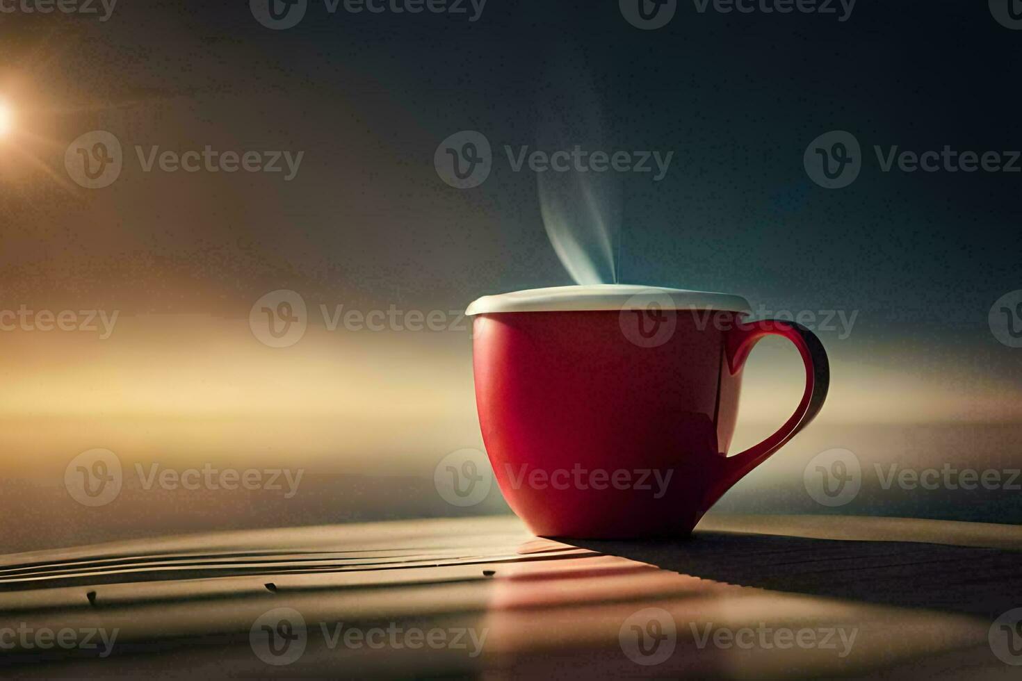 a red cup of coffee on a wooden table. AI-Generated photo