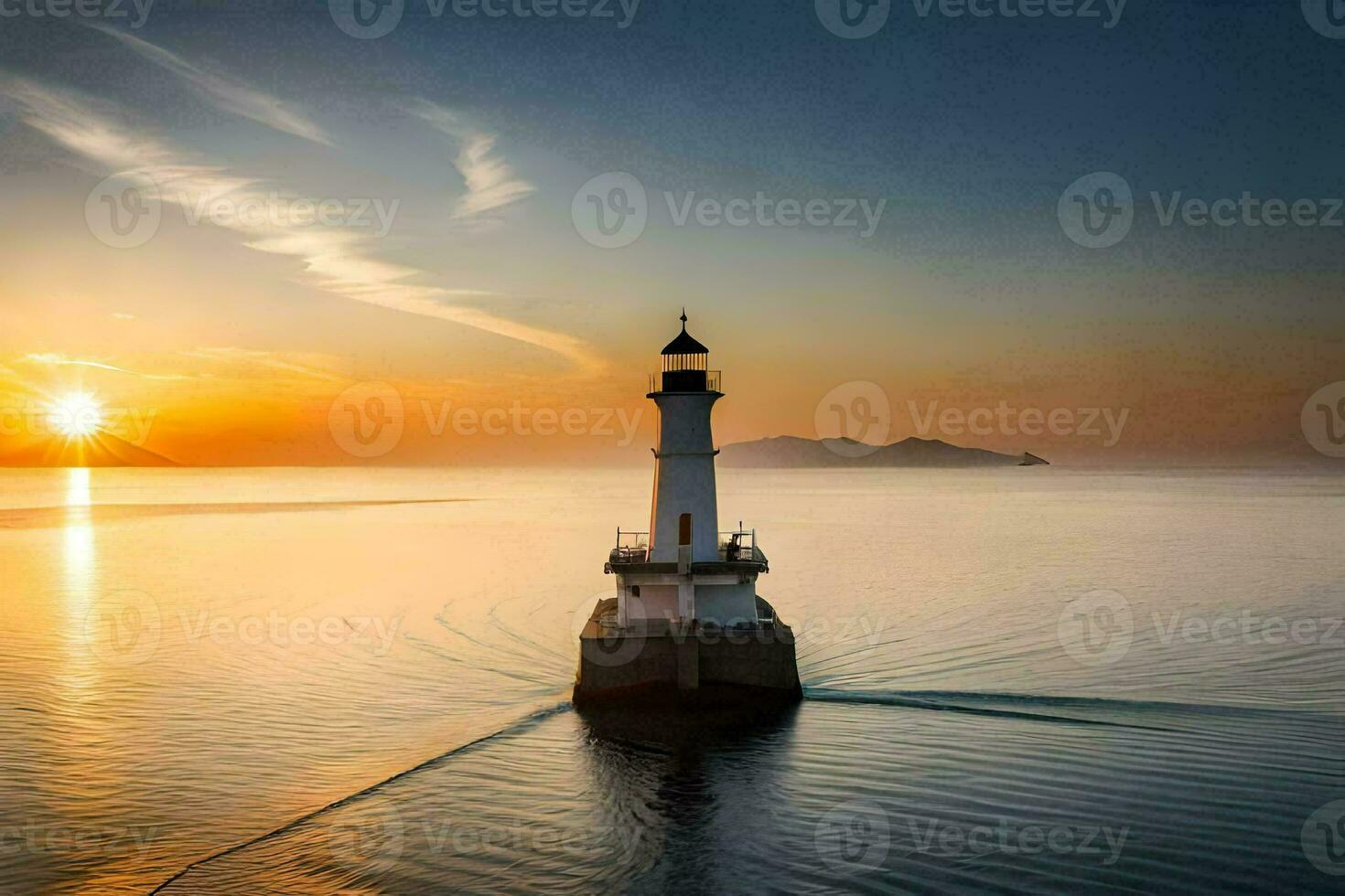 a lighthouse in the ocean at sunset. AI-Generated photo