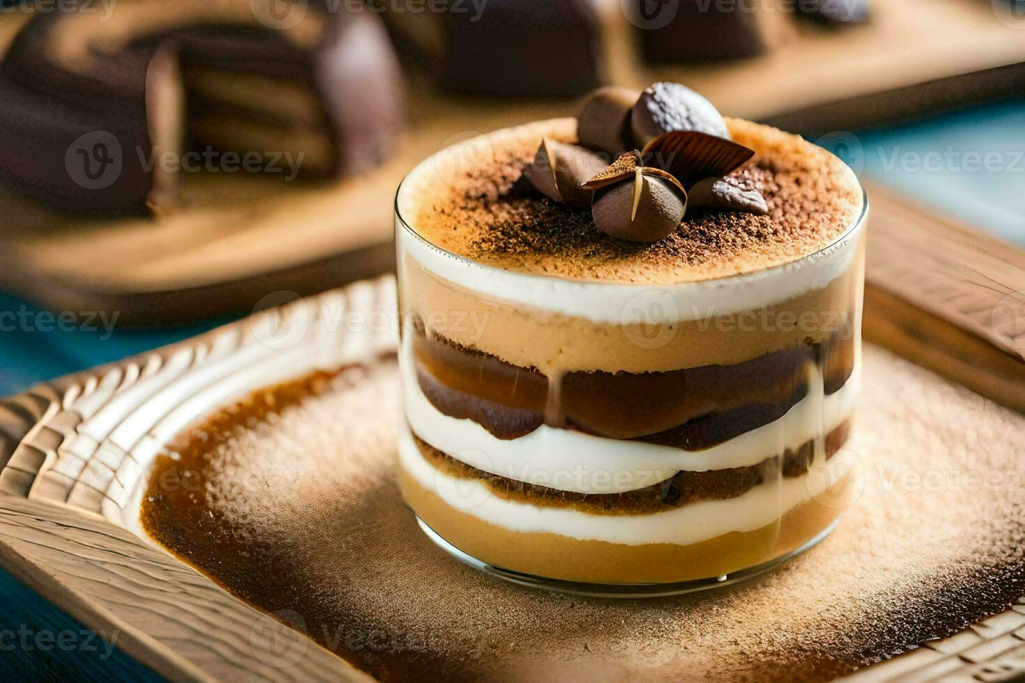 a dessert with chocolate and coffee on a wooden plate. AI-Generated photo