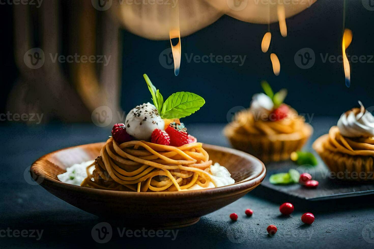 pasta with berries and mint on a wooden plate. AI-Generated photo