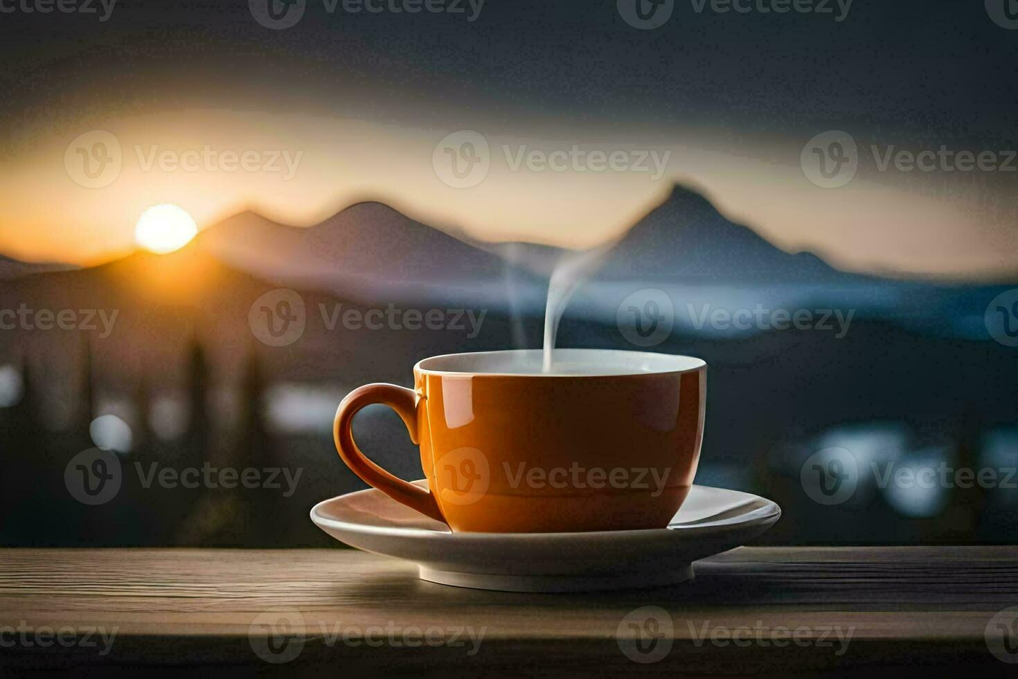 a cup of coffee on a wooden table in front of a mountain view. AI-Generated photo