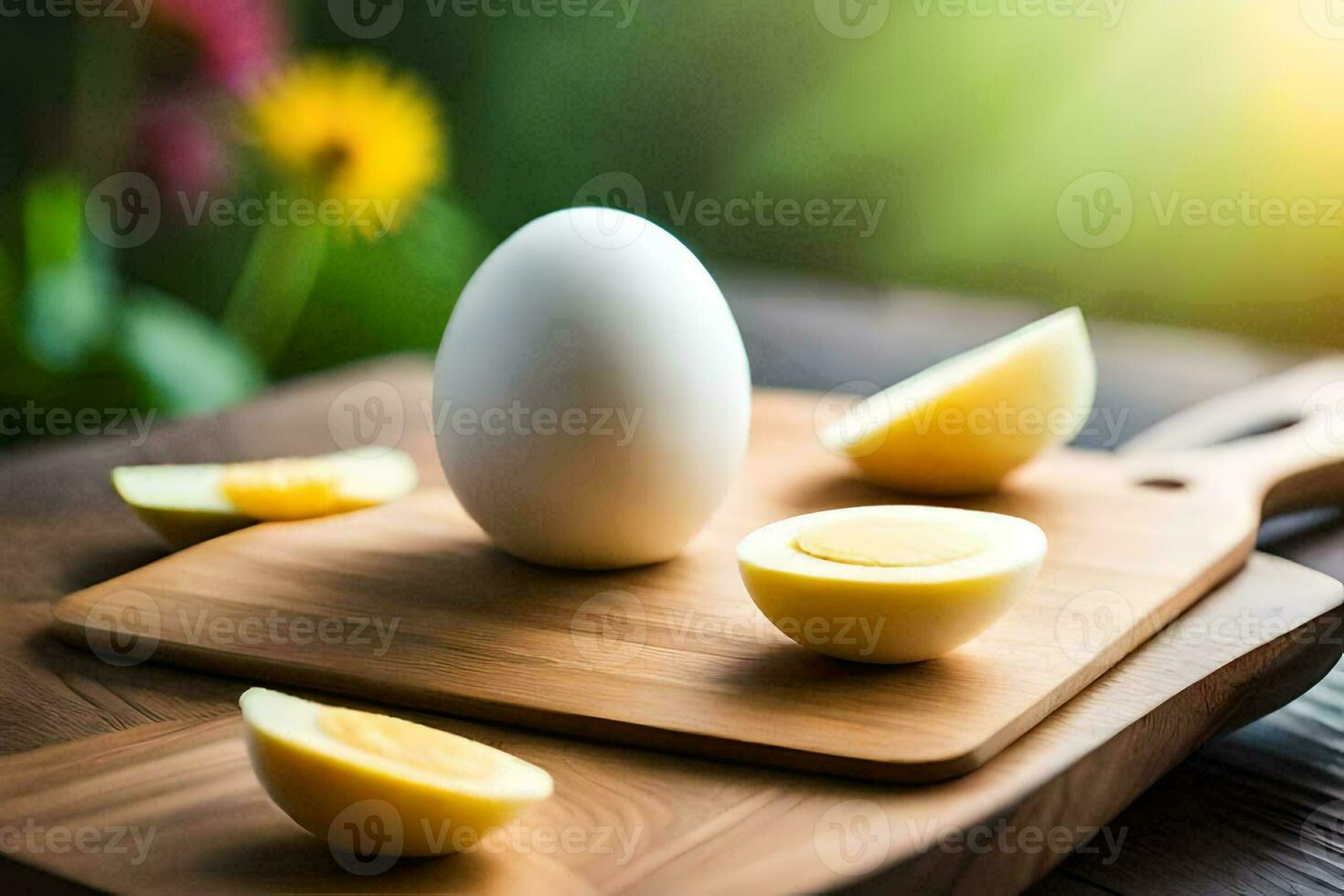 an egg on a cutting board with sliced eggs. AI-Generated photo