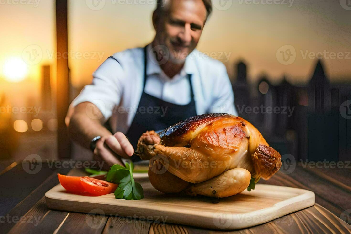 un hombre es preparando un asado pollo en un corte tablero. generado por ai foto