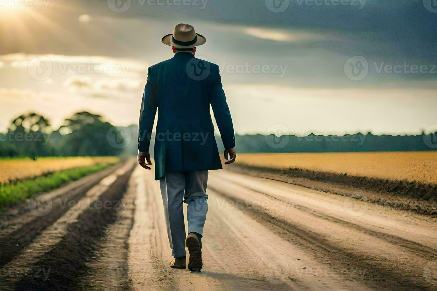 un hombre en un traje y sombrero camina abajo un suciedad la carretera. generado por ai foto