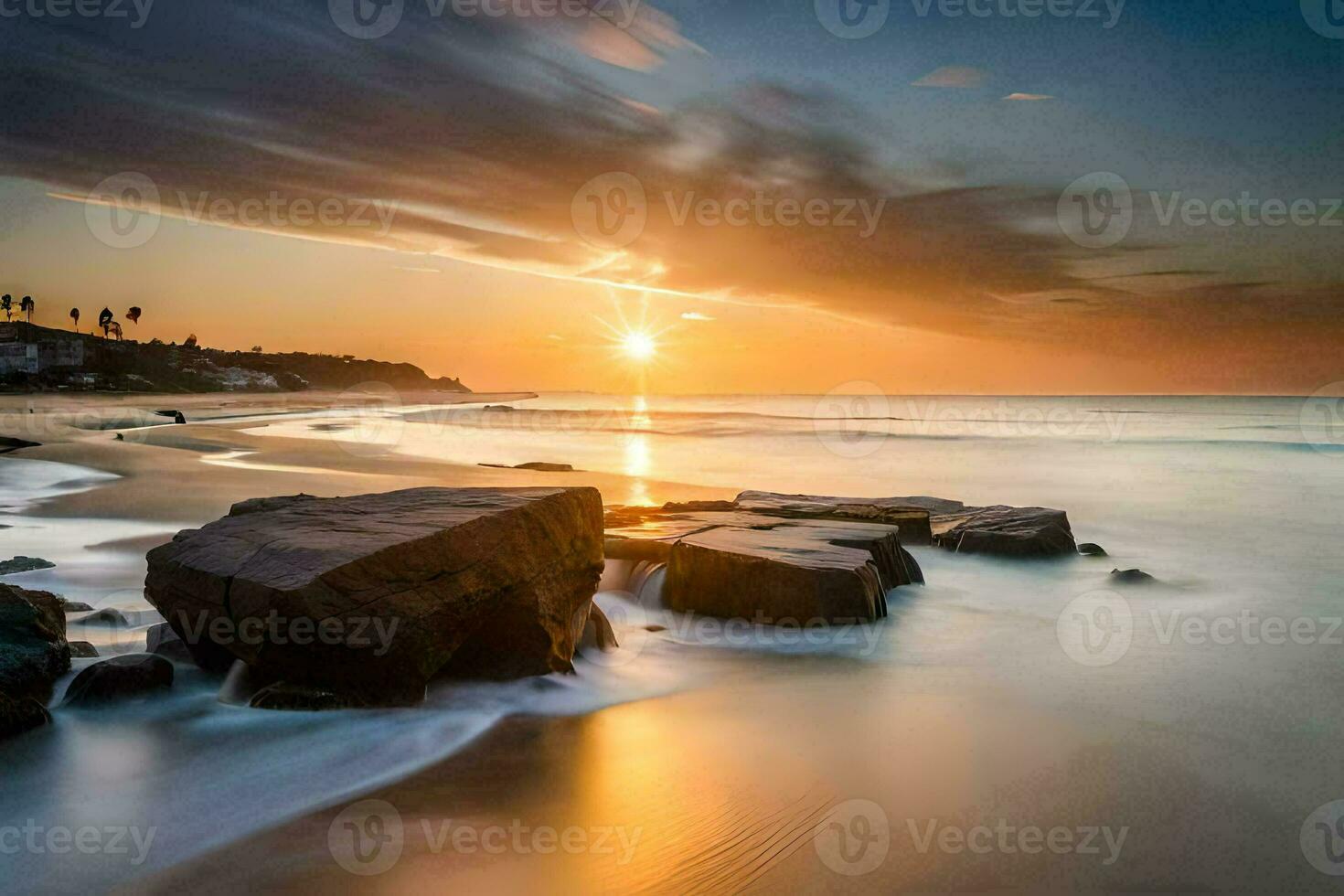 the sun rises over the ocean and rocks on the beach. AI-Generated photo