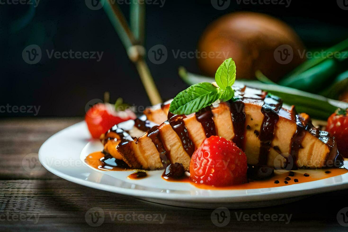 a plate of grilled chicken with strawberries and mint leaves. AI-Generated photo