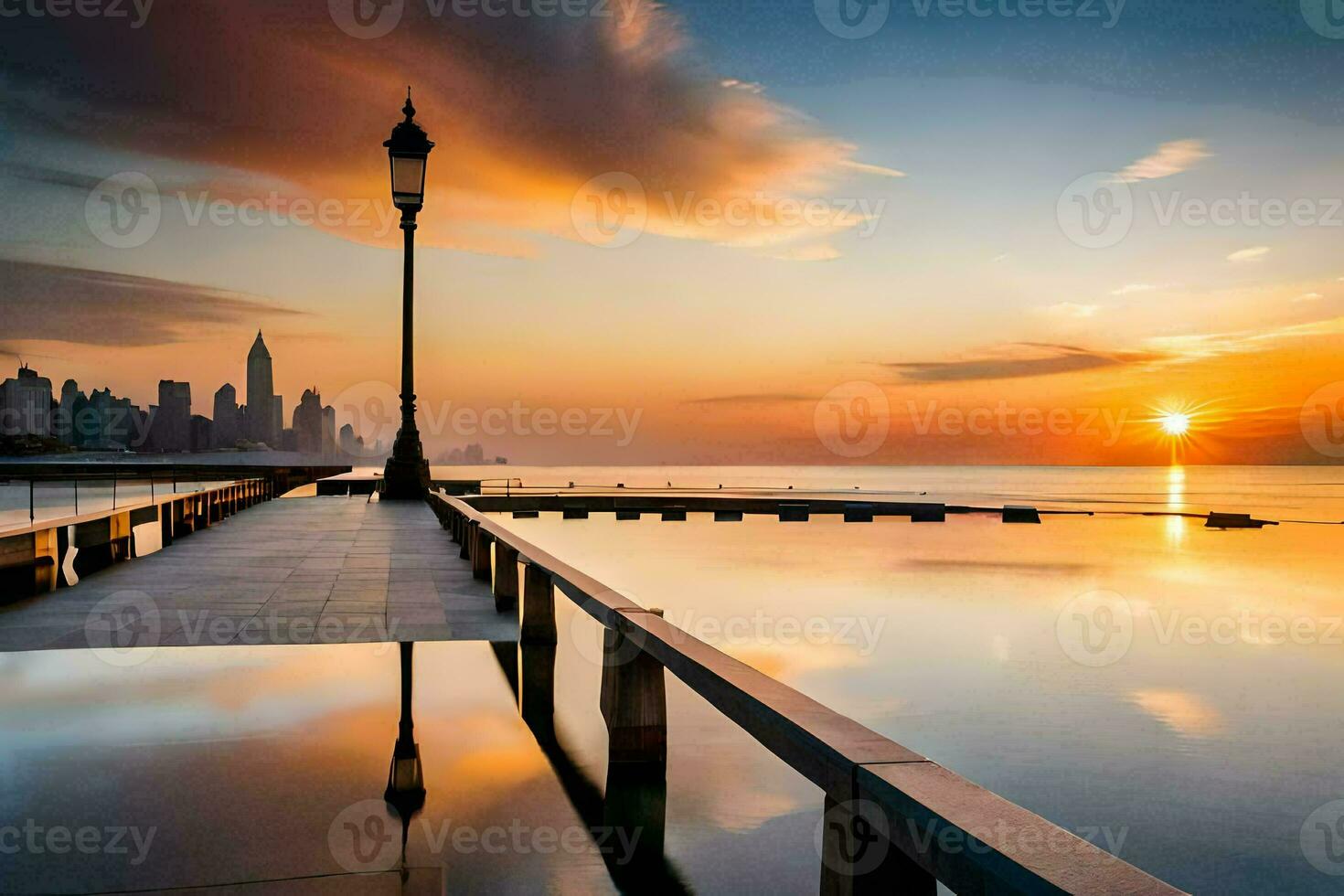 a pier with a city skyline in the background. AI-Generated photo