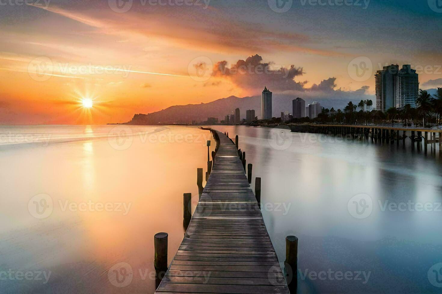 un largo muelle estiramientos dentro el Oceano a puesta de sol. generado por ai foto