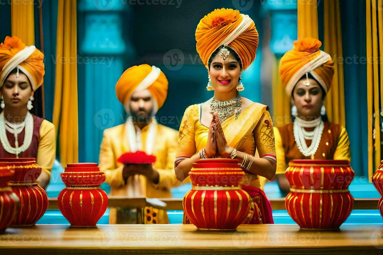 a woman in traditional indian attire is holding a pot. AI-Generated photo