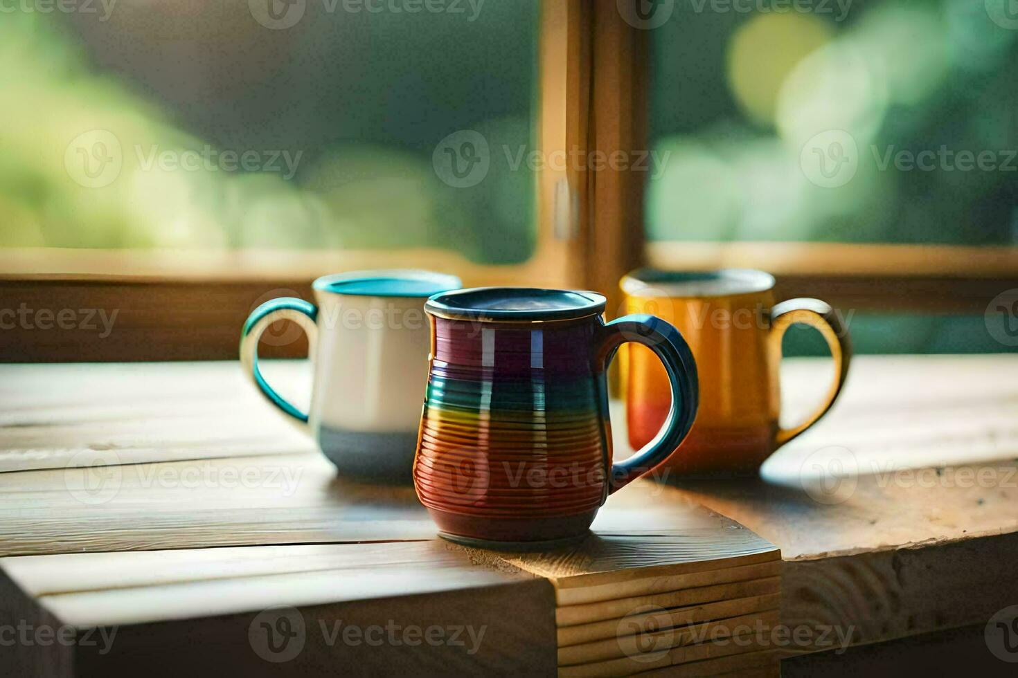 two colorful mugs sitting on a wooden table. AI-Generated photo