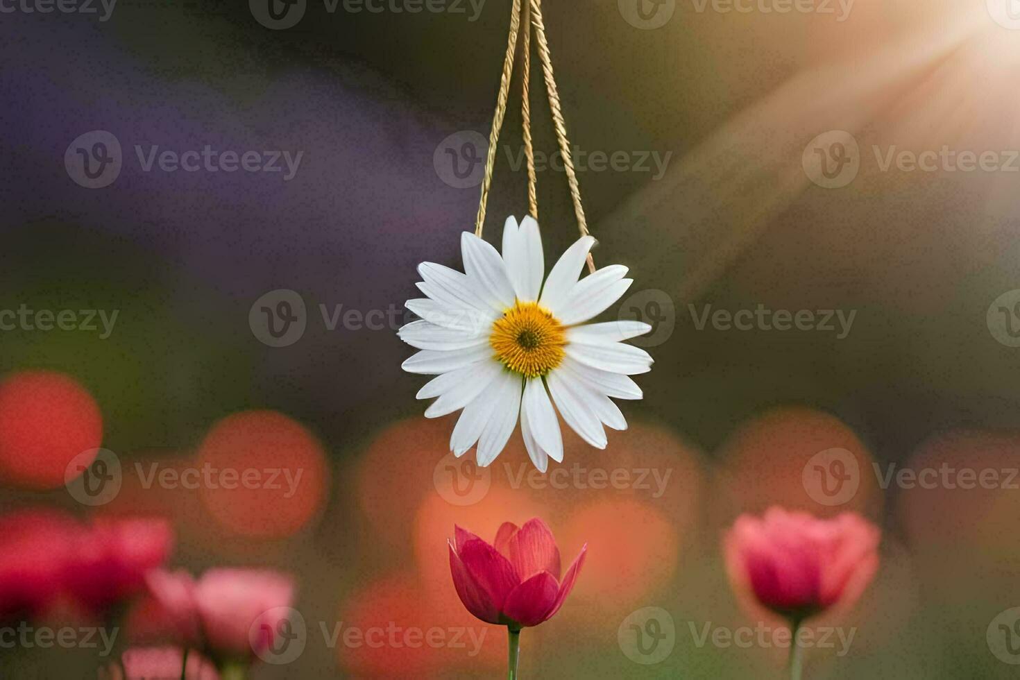 a daisy hanging from a string in a field. AI-Generated photo