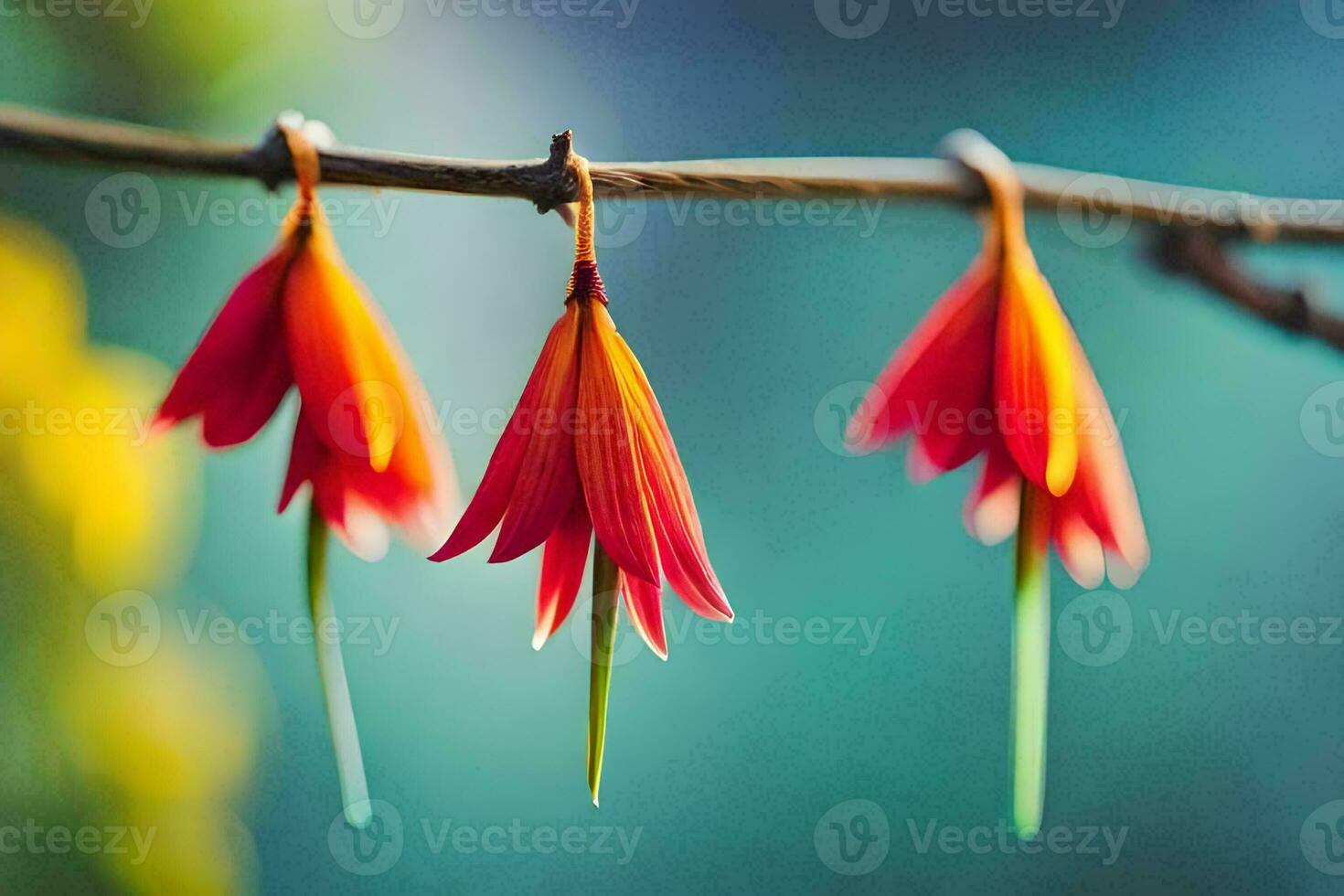 three red flowers hanging from a branch. AI-Generated photo