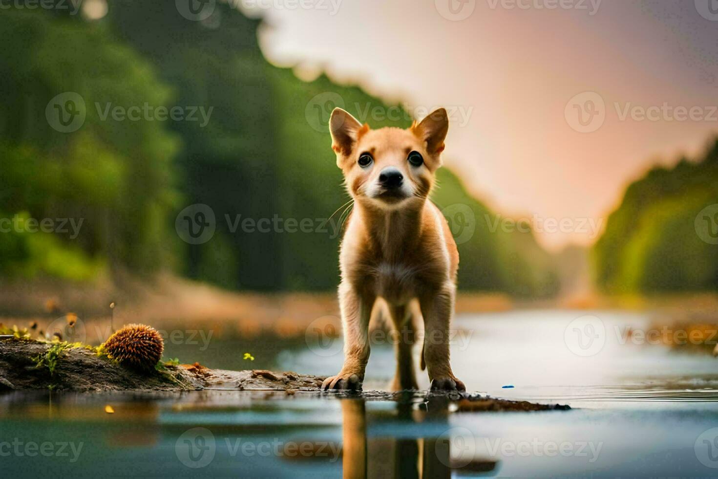 a puppy standing on the edge of a river. AI-Generated photo