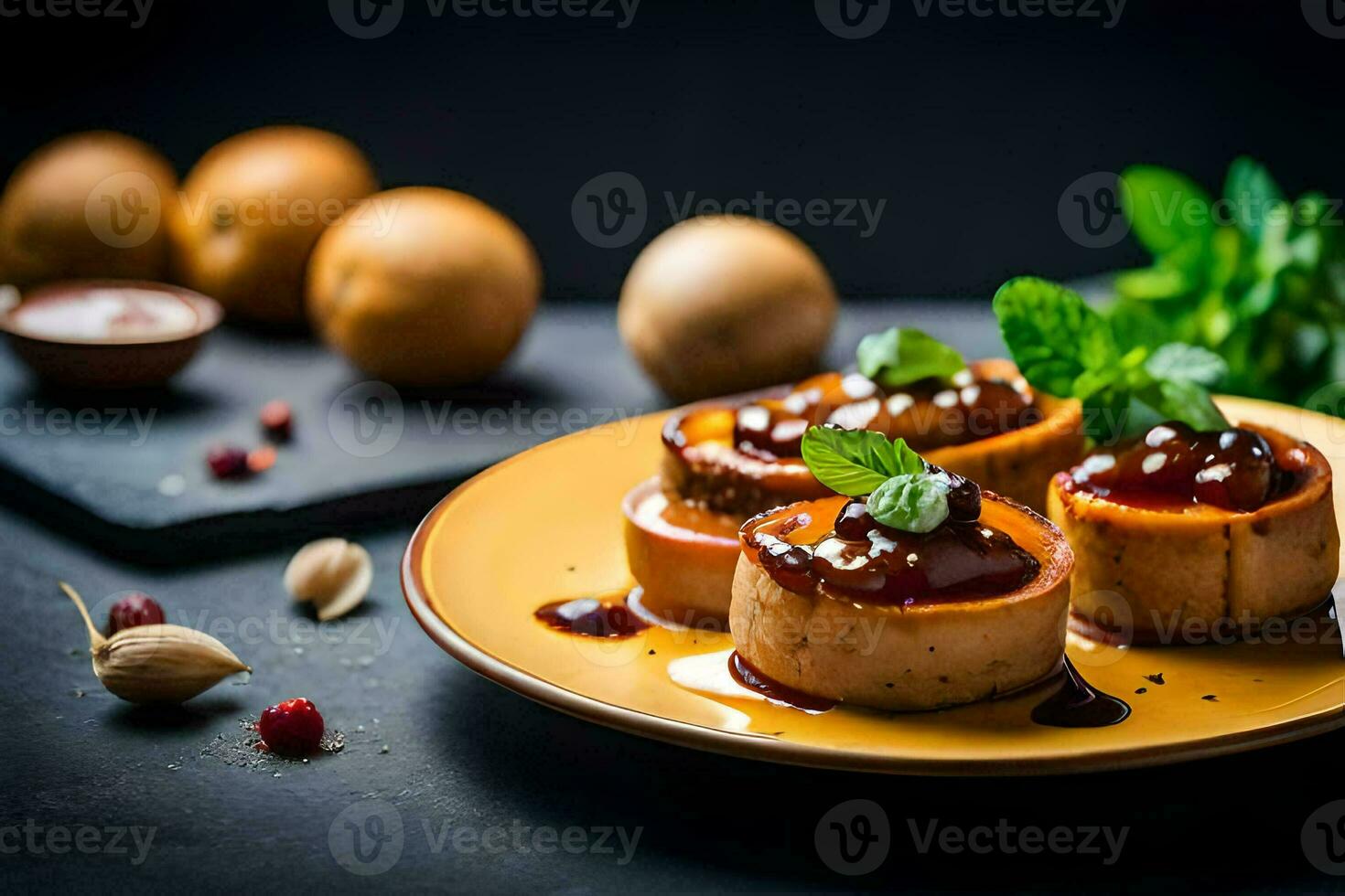 three small baked potatoes with sauce and herbs. AI-Generated photo
