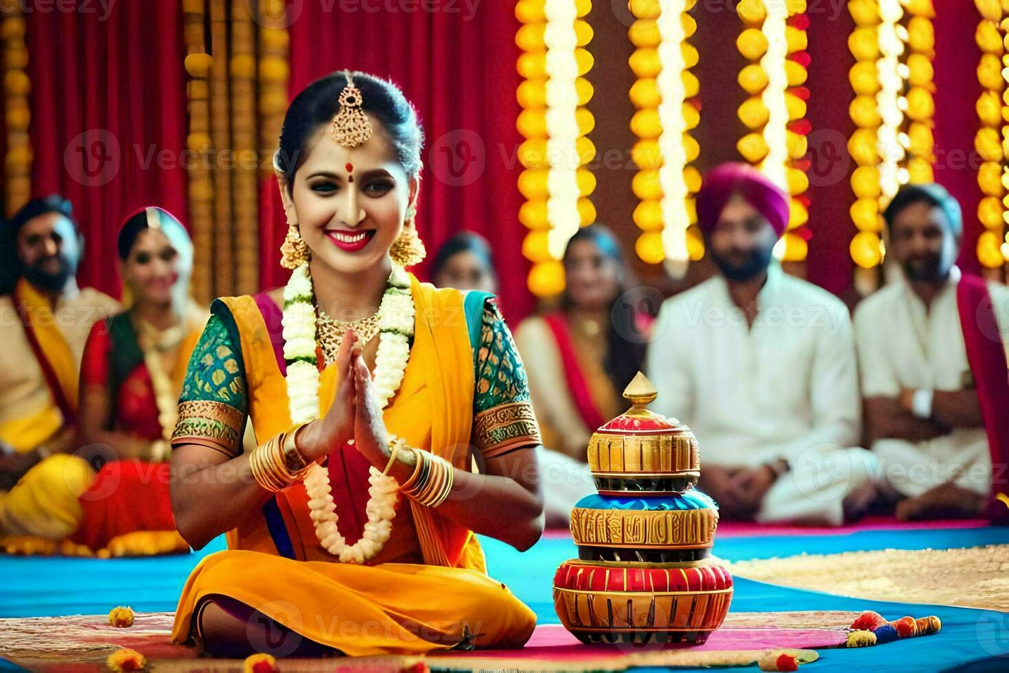 a woman in traditional indian attire sitting on a floor with other women. AI-Generated photo