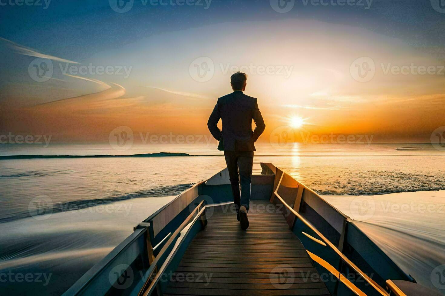 a man in a suit walks on a dock at sunset. AI-Generated photo