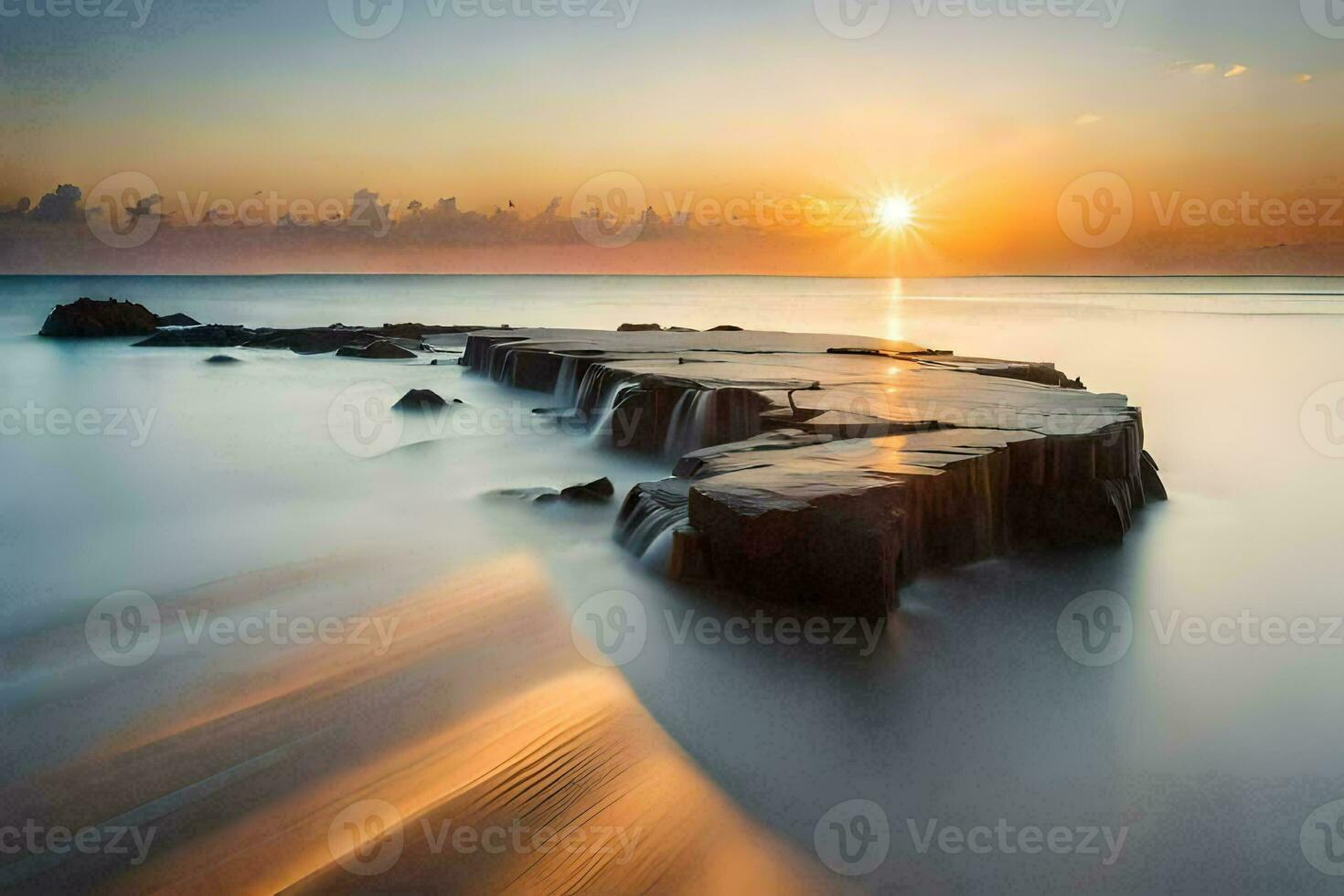 a long exposure photograph of a rock in the ocean. AI-Generated photo