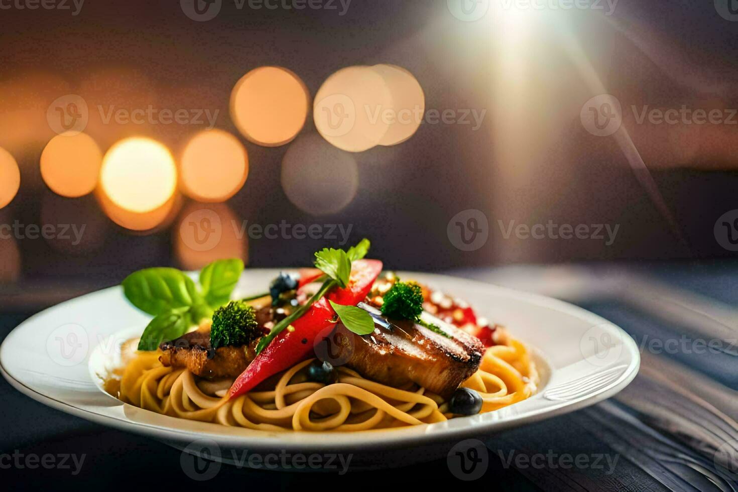 a plate of spaghetti with meat and vegetables on a table. AI-Generated photo