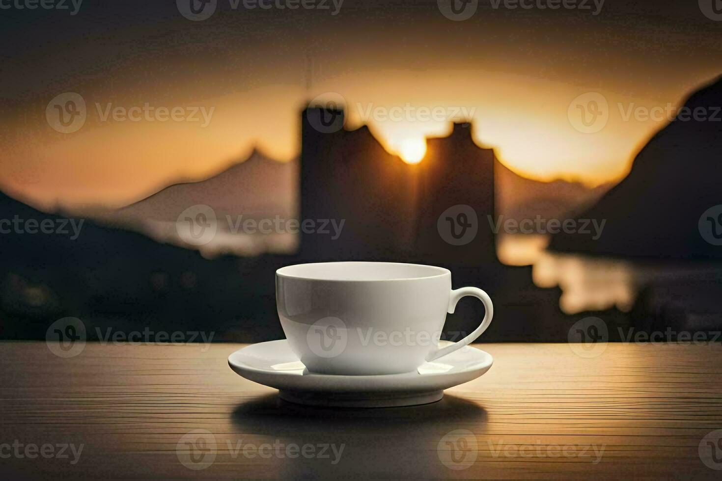 a cup of coffee on a table in front of a beautiful view. AI-Generated photo