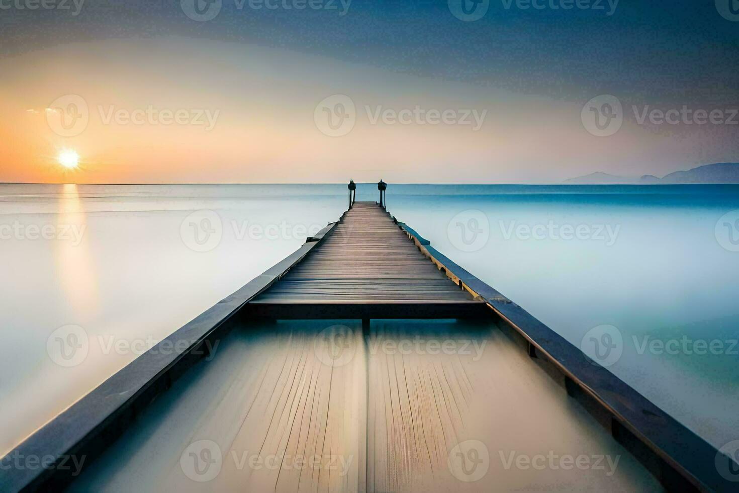 two people walk along a pier at sunset. AI-Generated photo