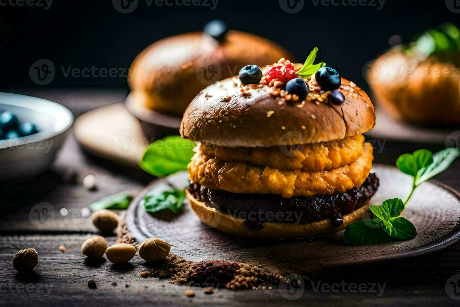 a hamburger with berries and mint on a wooden plate. AI-Generated photo