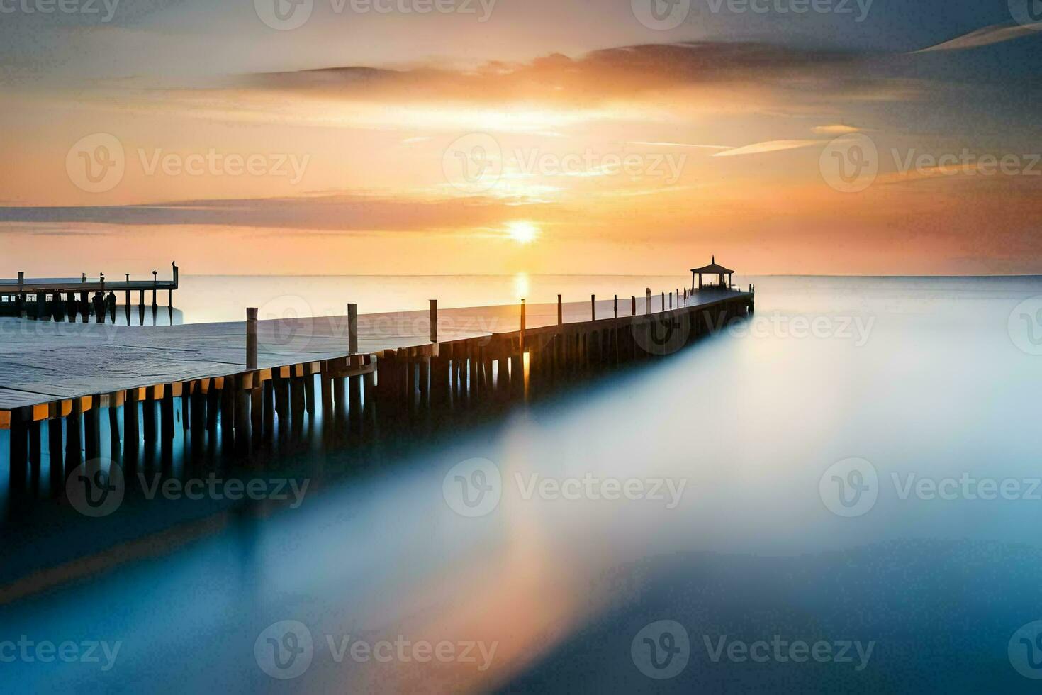 a long exposure photograph of a pier at sunset. AI-Generated photo