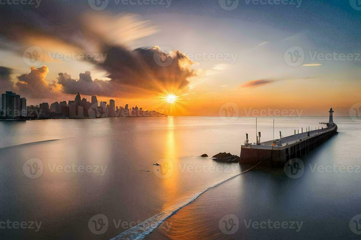 the sun rises over a city skyline at sunset. AI-Generated photo