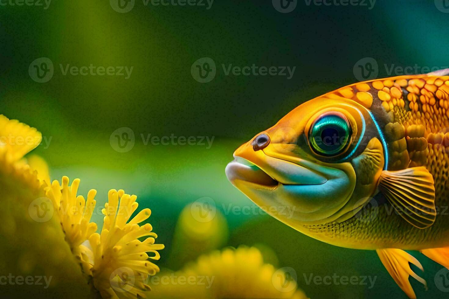 a fish with big eyes and a yellow flower. AI-Generated photo