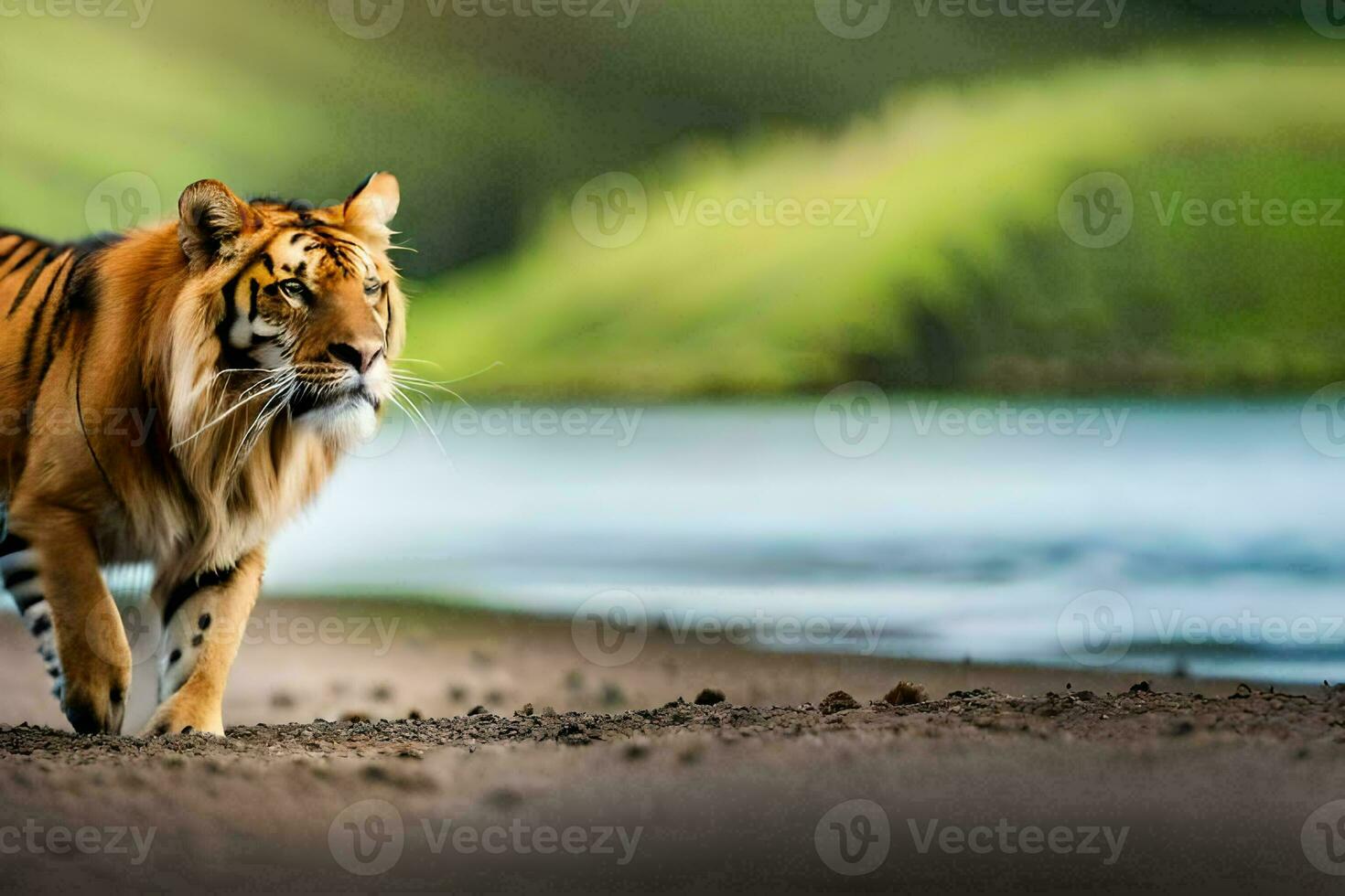 a tiger walking along the shore of a lake. AI-Generated photo