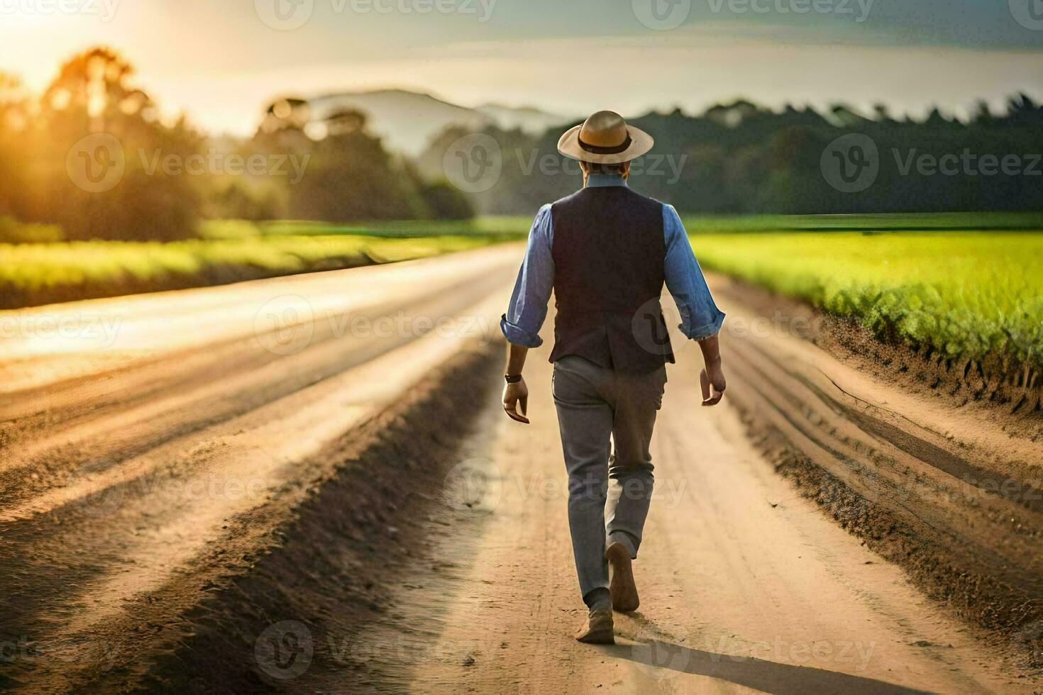 un hombre en un sombrero y chaleco caminando abajo un suciedad la carretera. generado por ai foto