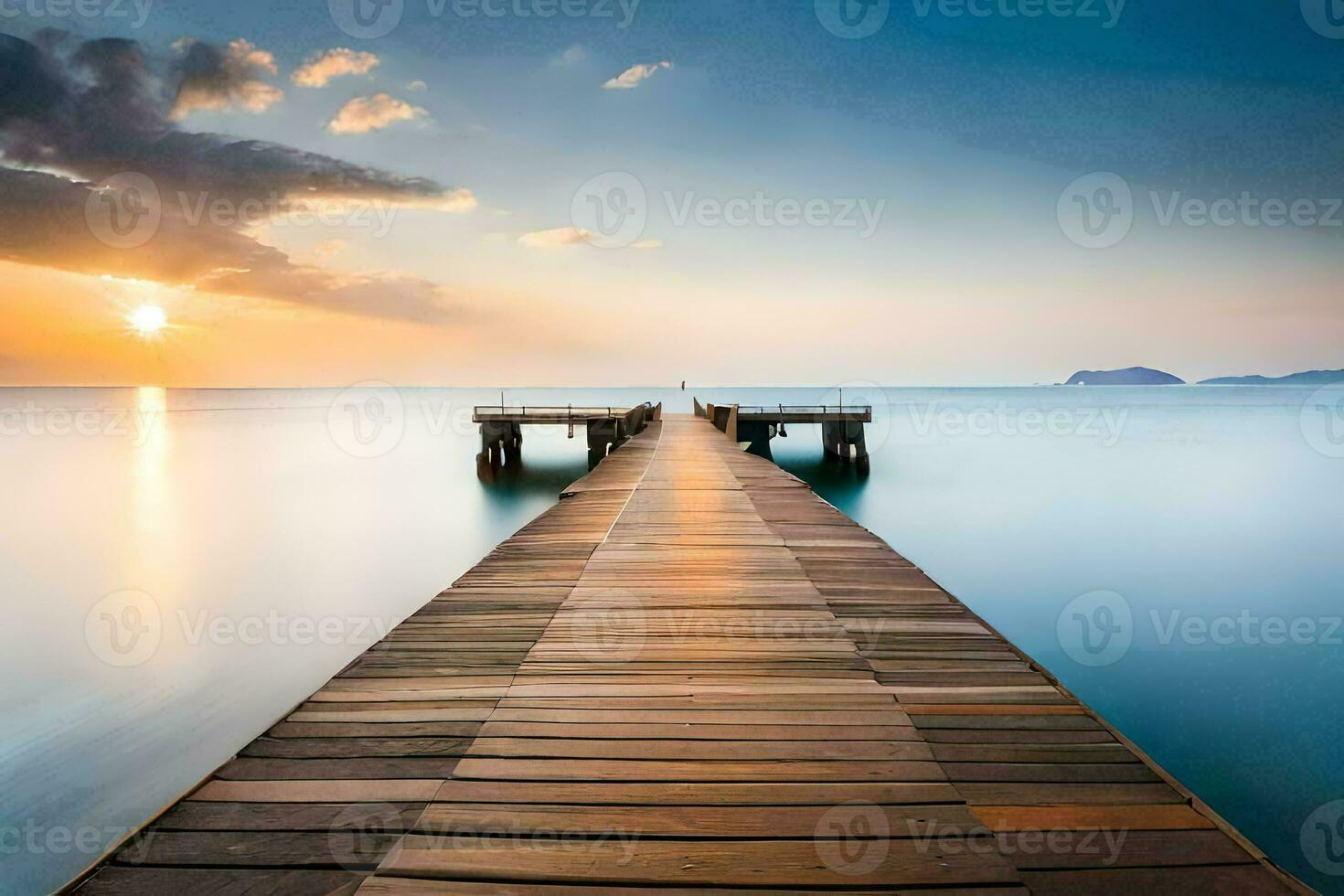 a long wooden pier stretches out into the ocean at sunset. AI-Generated photo