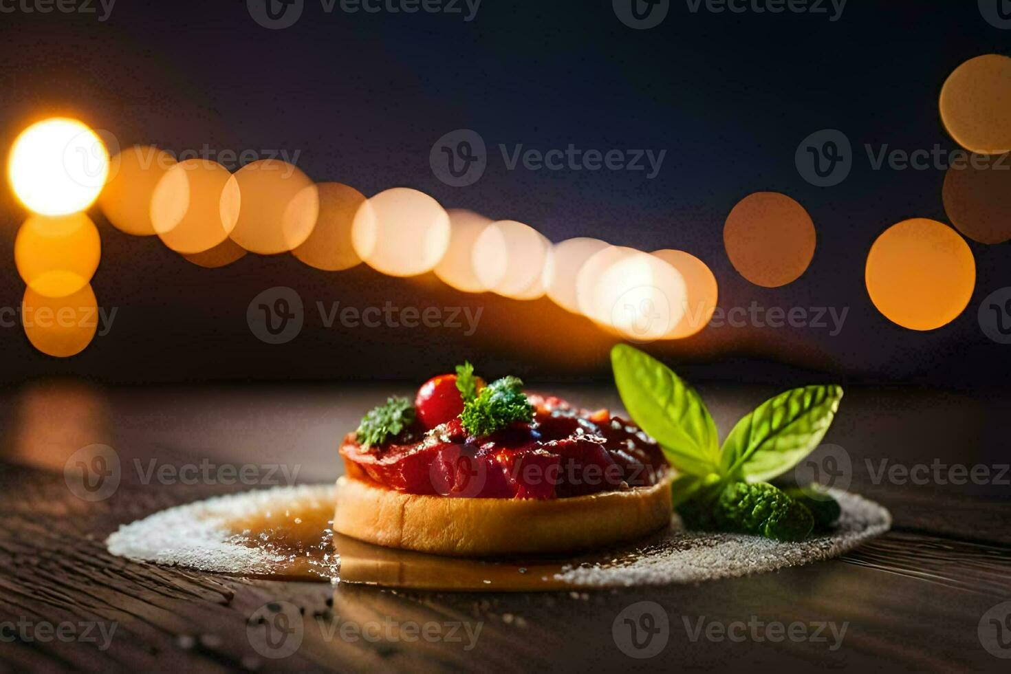 a dessert on a wooden table with lights in the background. AI-Generated photo