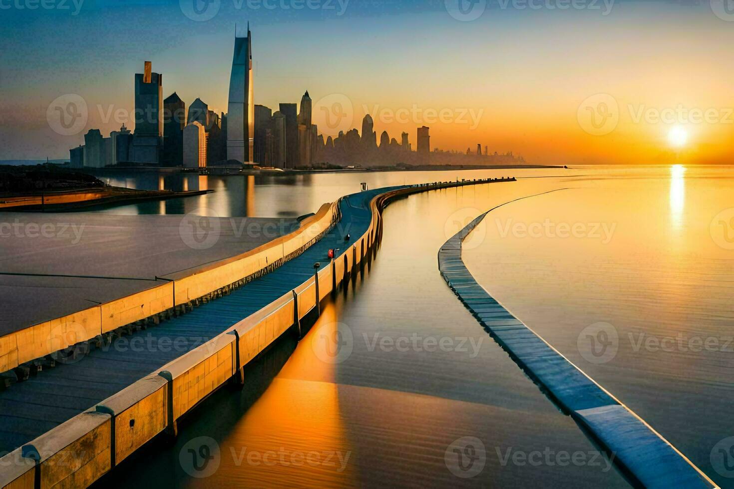the sun sets over the city skyline in dubai. AI-Generated photo