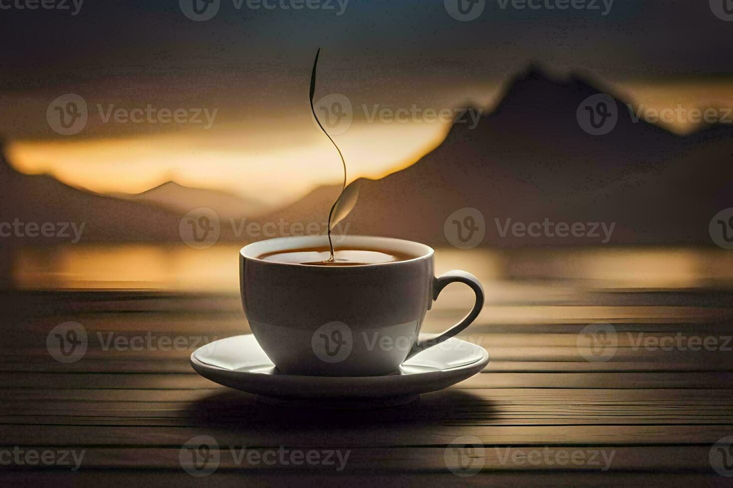 a cup of coffee on a wooden table with mountains in the background. AI-Generated photo