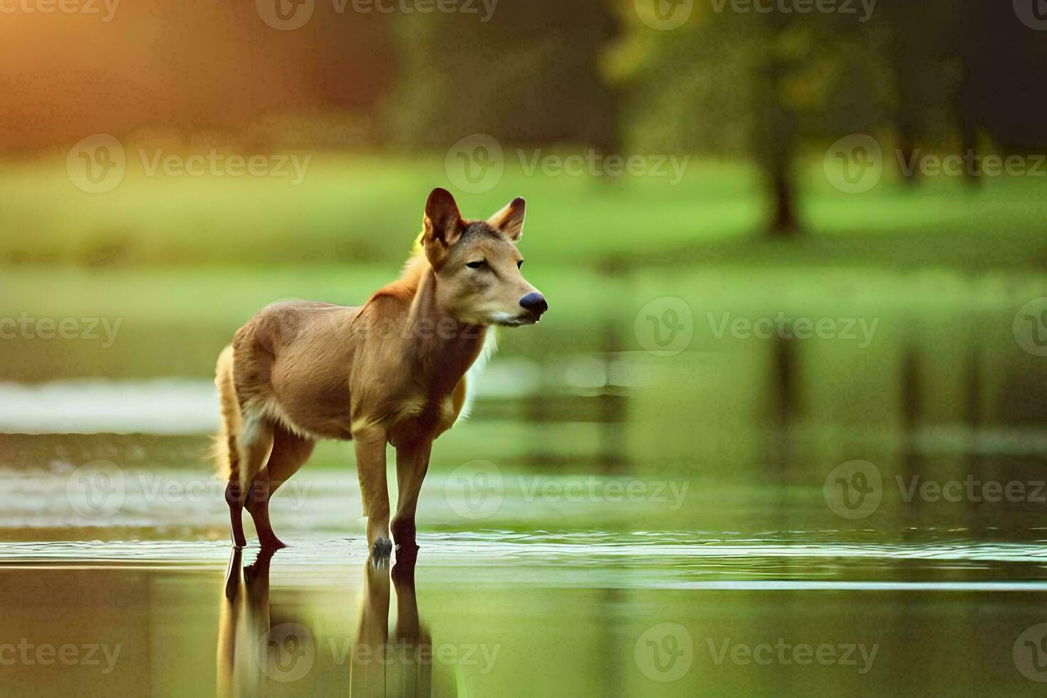 a dog standing in the water at sunset. AI-Generated photo