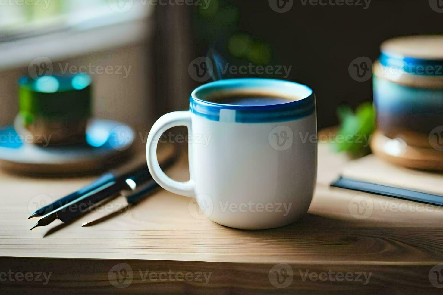 a cup of coffee on a desk. AI-Generated photo