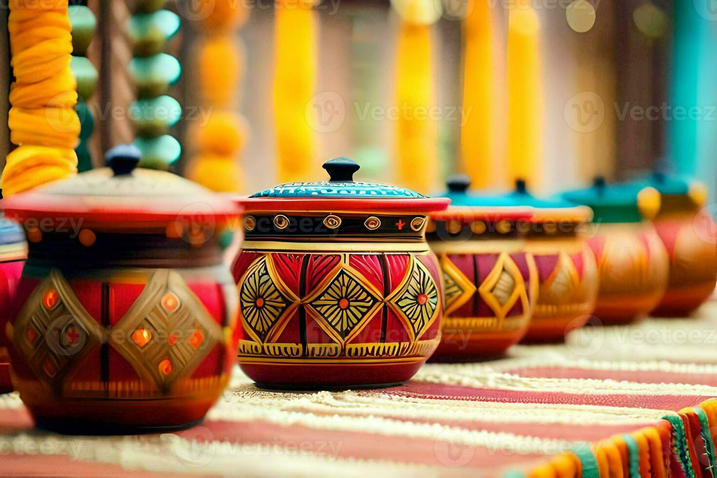 colorful pots lined up on a table with colorful decorations. AI-Generated photo