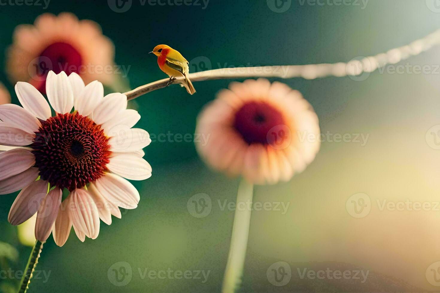 a bird sits on a flower stem with a sun in the background. AI-Generated photo