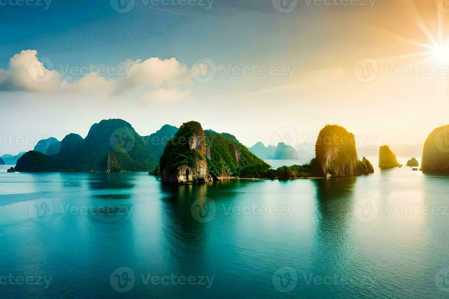 the sun shines on the water and mountains in vietnam. AI-Generated photo