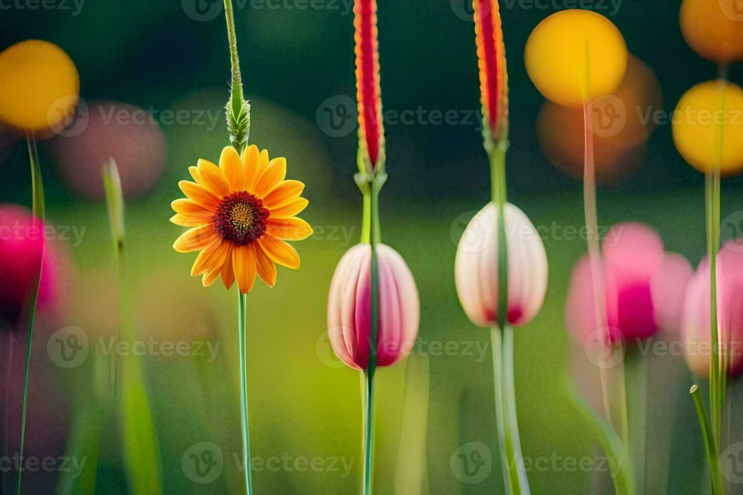 vistoso flores en un campo con un borroso antecedentes. generado por ai foto