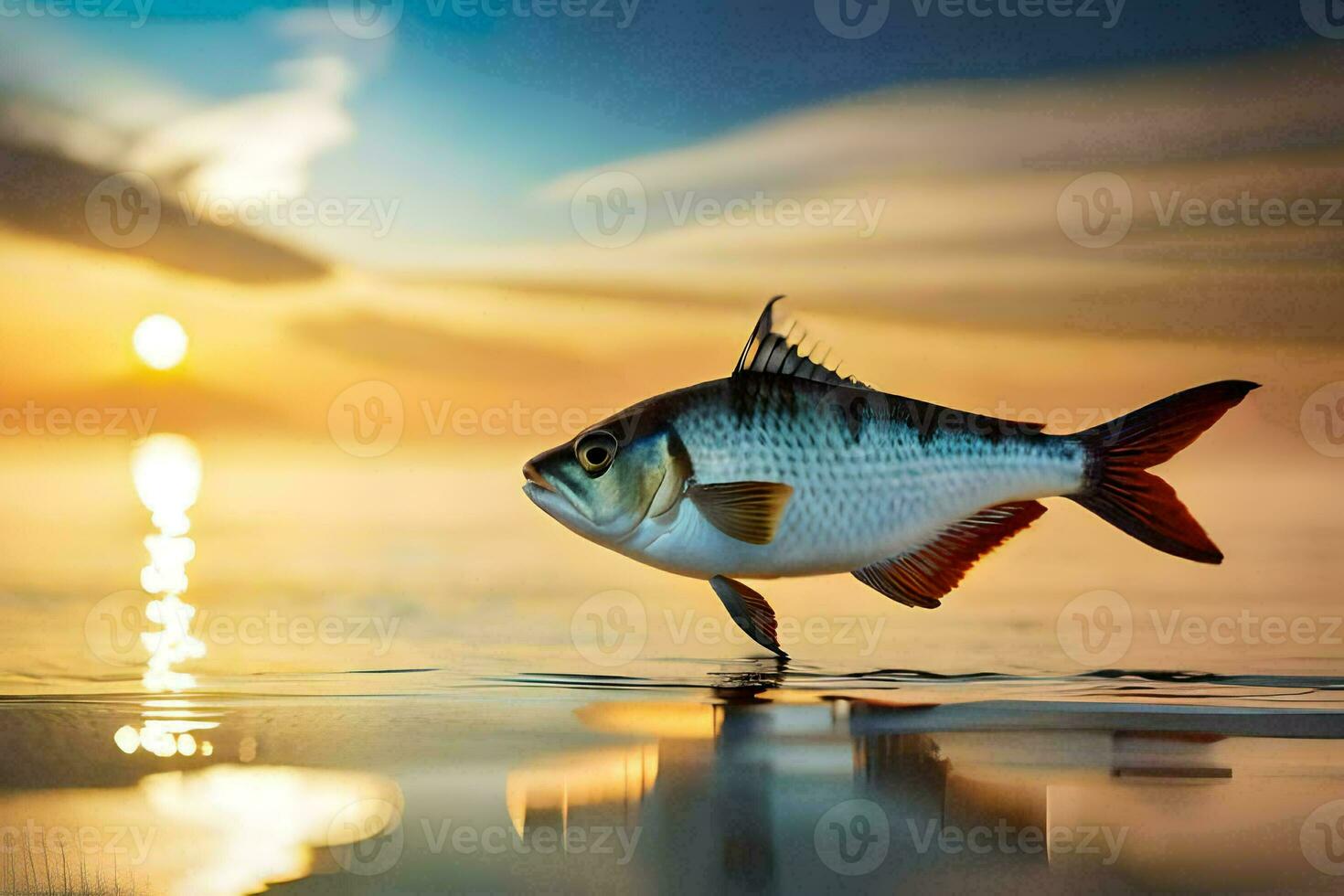 un pescado es saltando fuera de el agua a puesta de sol. generado por ai foto