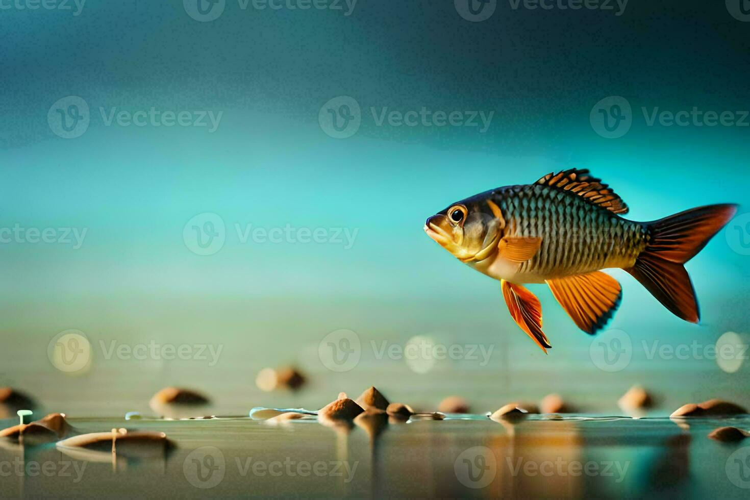a fish is swimming in the water with rocks. AI-Generated photo