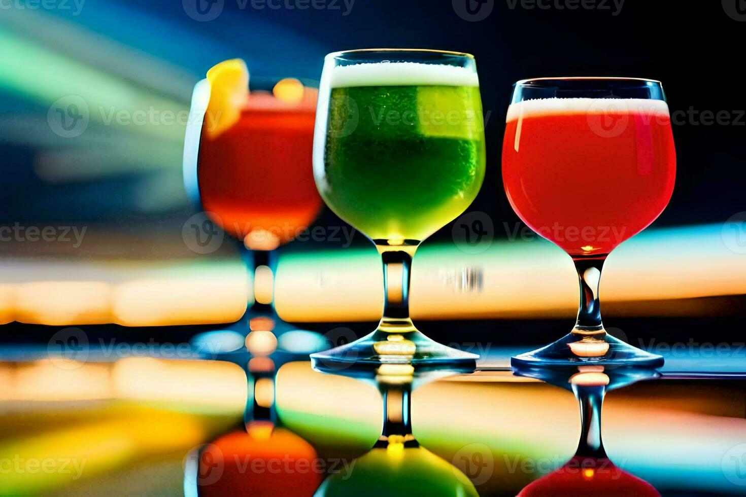three glasses of different colored drinks on a table. AI-Generated photo