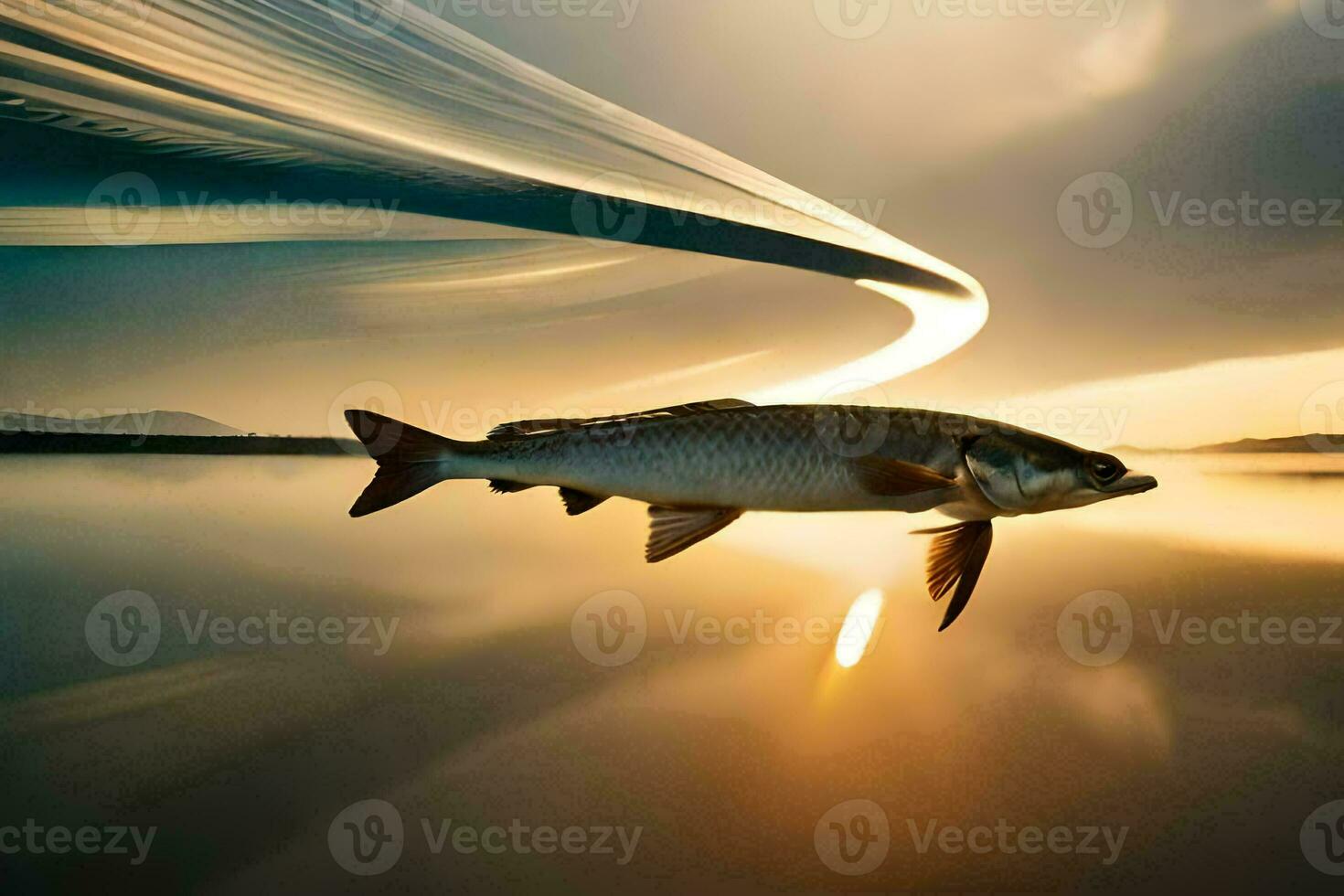 a fish is flying through the air at sunset. AI-Generated photo