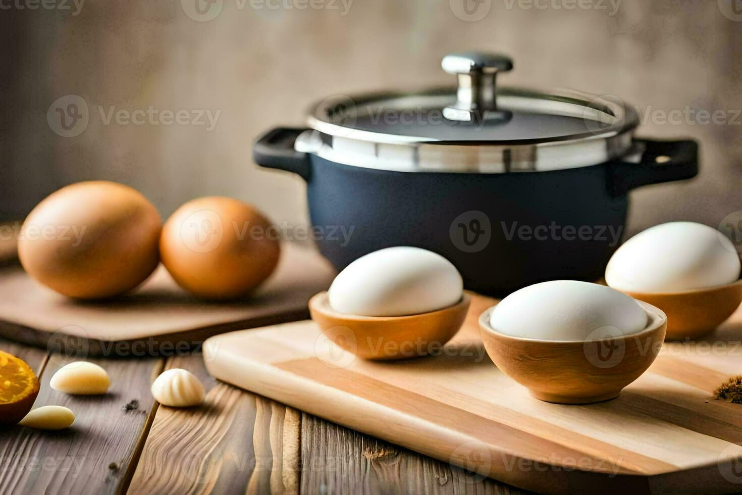 eggs on a wooden cutting board with a pot and spices. AI-Generated photo