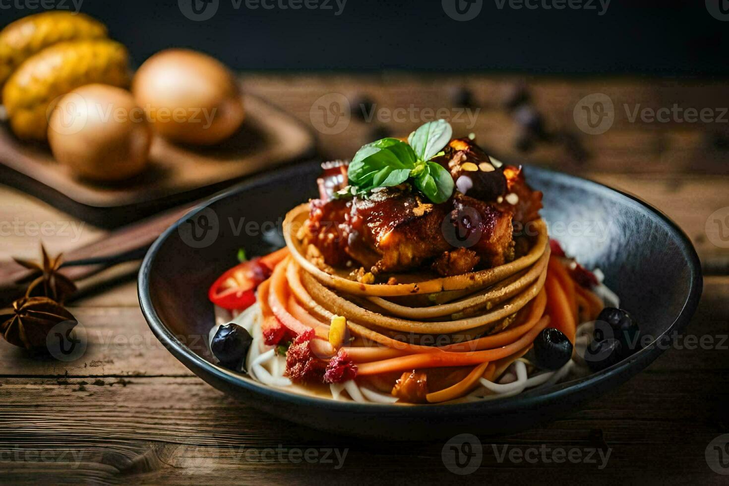 the food is served in a bowl with noodles and eggs. AI-Generated photo